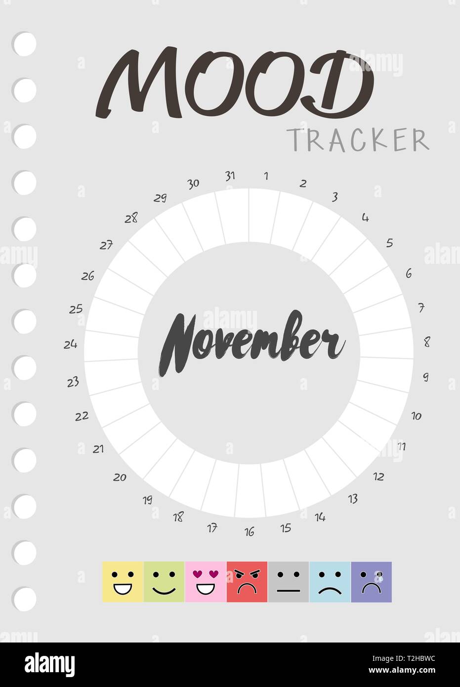 Mood diary for a month. mood tracker calendar. keeping track of emotional state Stock Vector