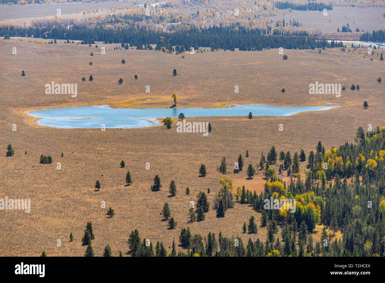 View of a small lake in a dry landscape, Grand-Teton National Park, Wyoming, USA Stock Photo