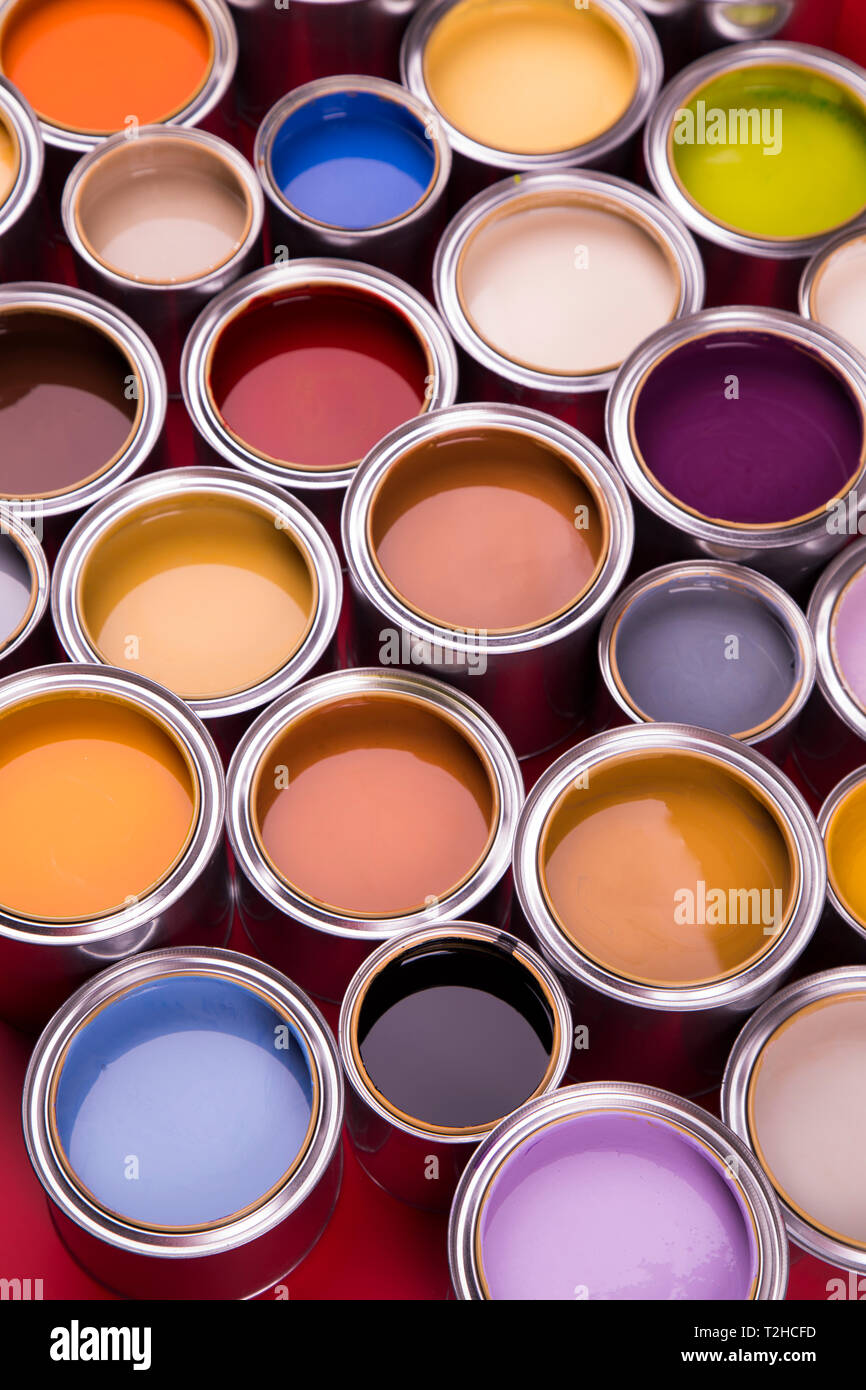 Group of Brush, tin metal cans with color paint Stock Photo - Alamy