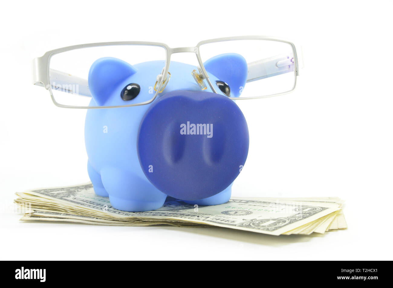 Blue piggybank with US dollar on a white background Stock Photo - Alamy