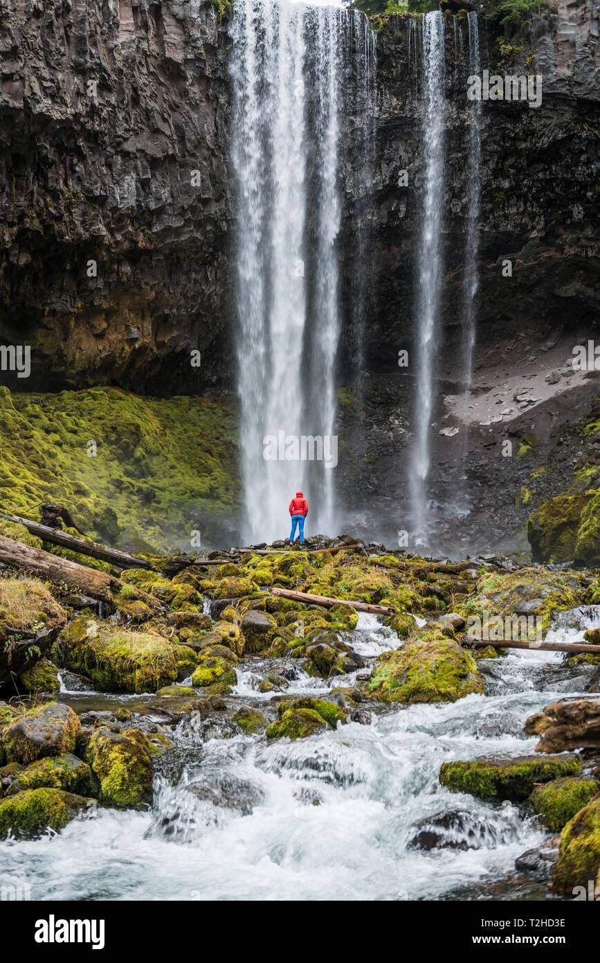 Hiker in front of a high waterfall, water falls over a rocky outcrop, Tamanawas Falls, Wild River Cold Spring Creek, Oregon, USA Stock Photo