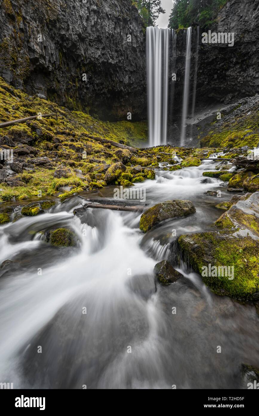 Waterfall flows over rocky outcrop, long term exposure, River Cold Spring Creek, Tamanawas Falls, Oregon, USA Stock Photo