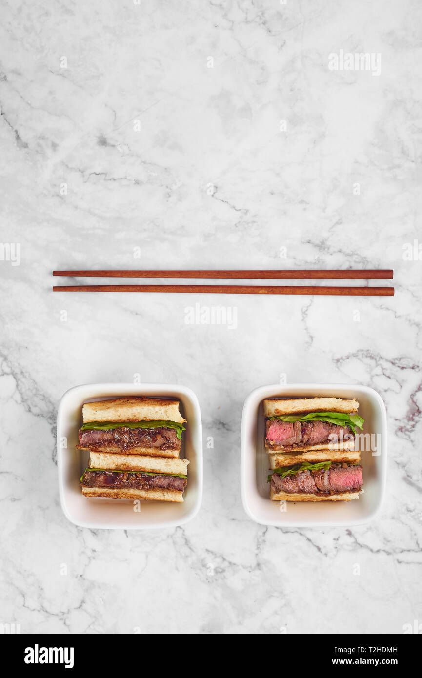 sandwich katsu sando with beef steak. wagyu katsu. japanese cuisine traditional food. Trendy