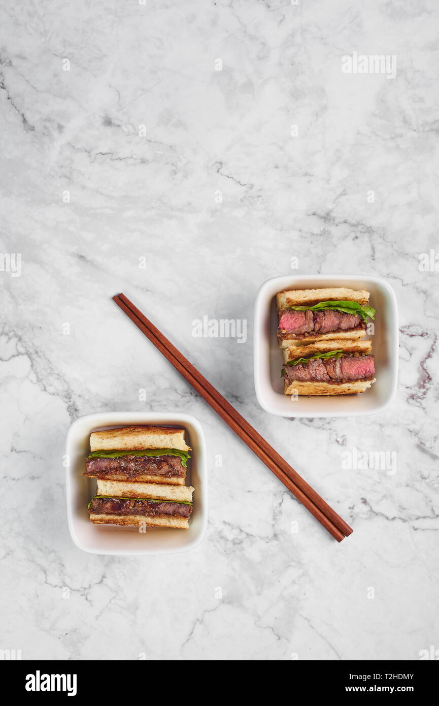 sandwich katsu sando with beef steak. wagyu katsu. japanese cuisine traditional food. Trendy