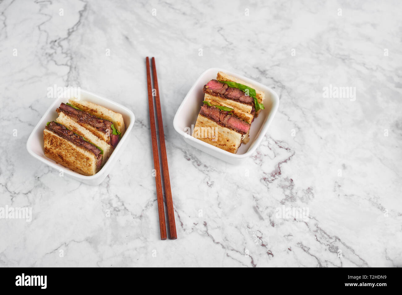 sandwich katsu sando with beef steak. wagyu katsu. japanese cuisine traditional food. Trendy