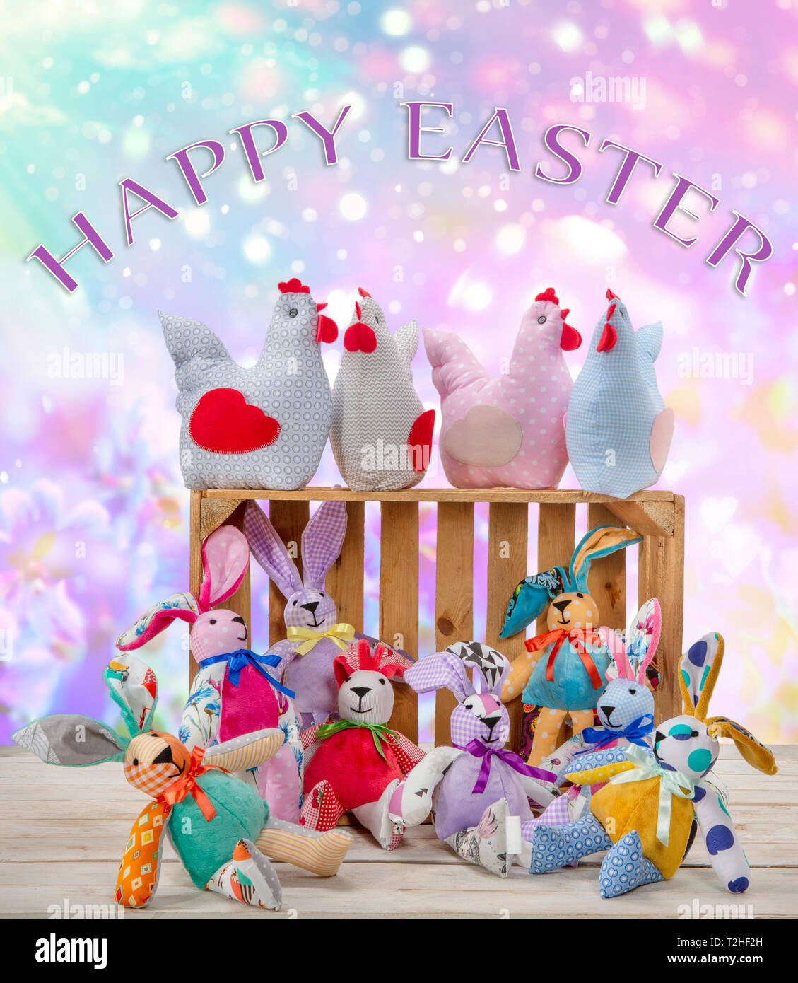 Easter bunnies and hens with Happy Easter text. Easter holiday concept. Stock Photo