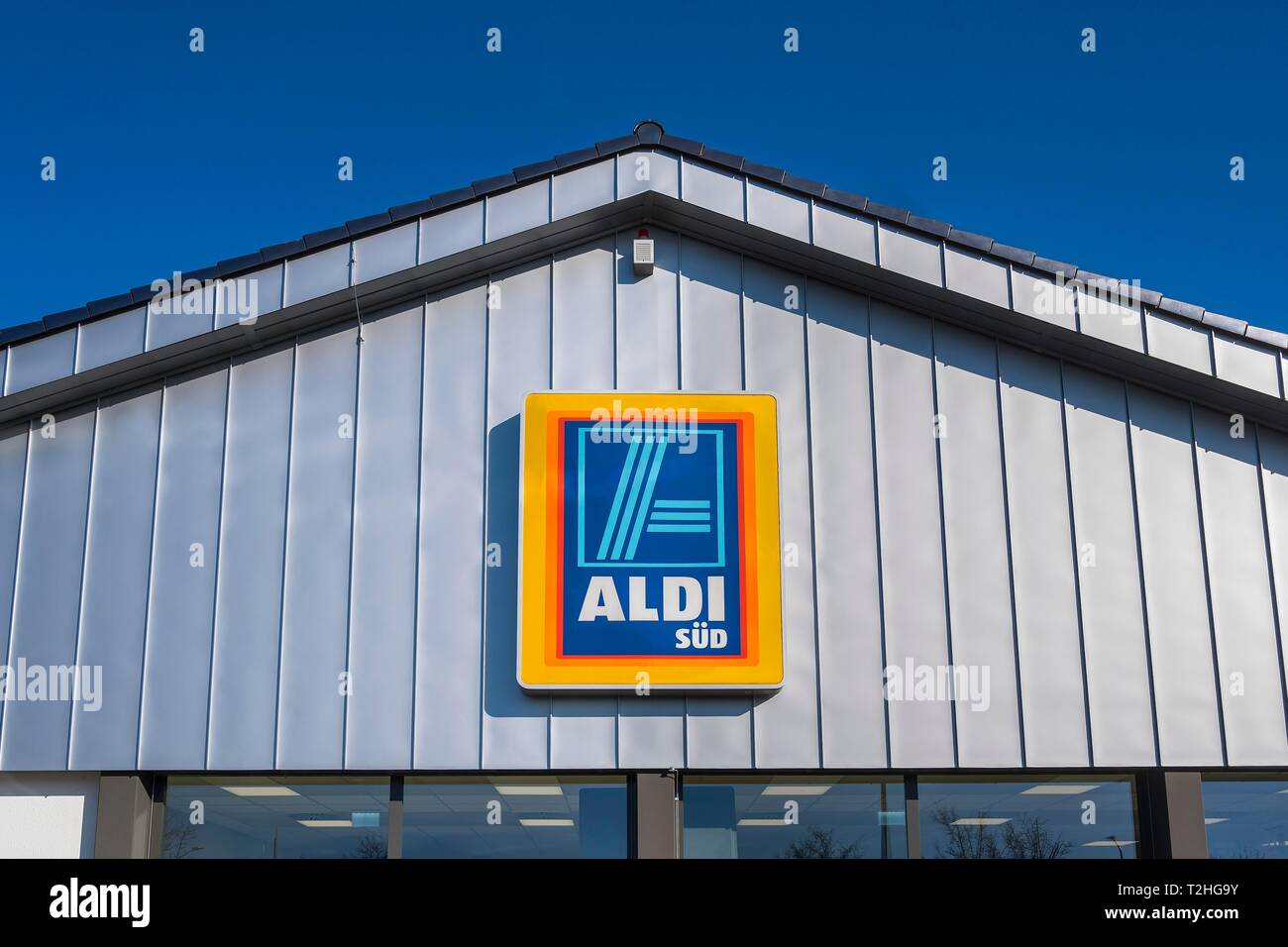 Aldi-Sud logo at the supermarket, Bavaria, Germany Stock Photo