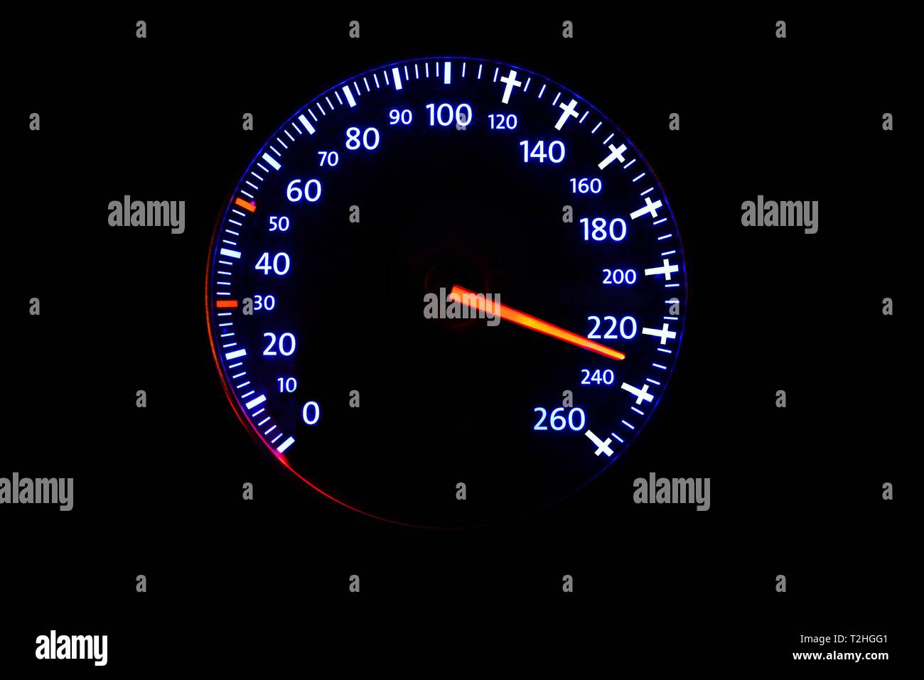 Speedometer with speed display 220 km/h and crosses from 120 km/h, symbol image deadly danger due to excessive speed, driving too fast, Germany Stock Photo