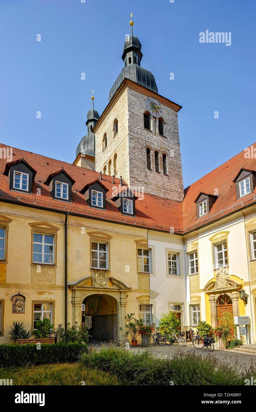 Romanesque monastery church, house St. Gregor with monastery gate, Benedictine abbey Plankstetten monastery, Berching, Upper Palatinate, Bavaria Stock Photo