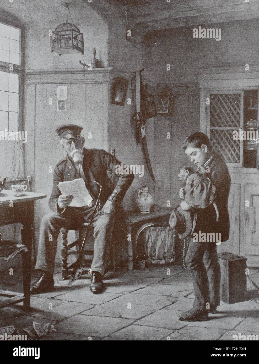 Disrespectful, boy has a monkey on his arm and presents it to his grandfather, 1899, historical illustration, Germany Stock Photo