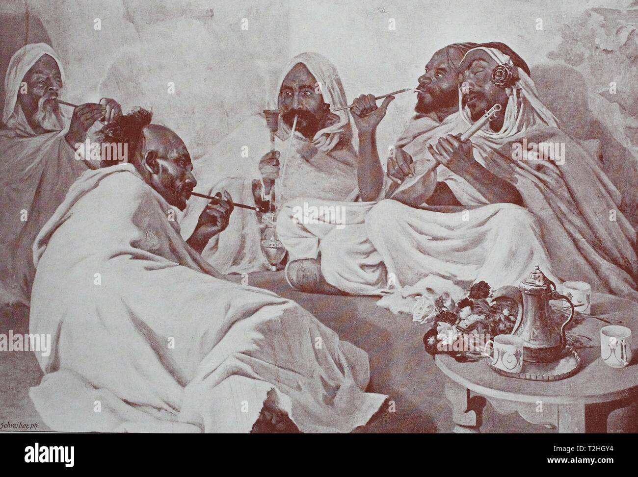 Hashish smoking, arab men with drug cigarettes, 1899, historical illustration, Arabia Stock Photo