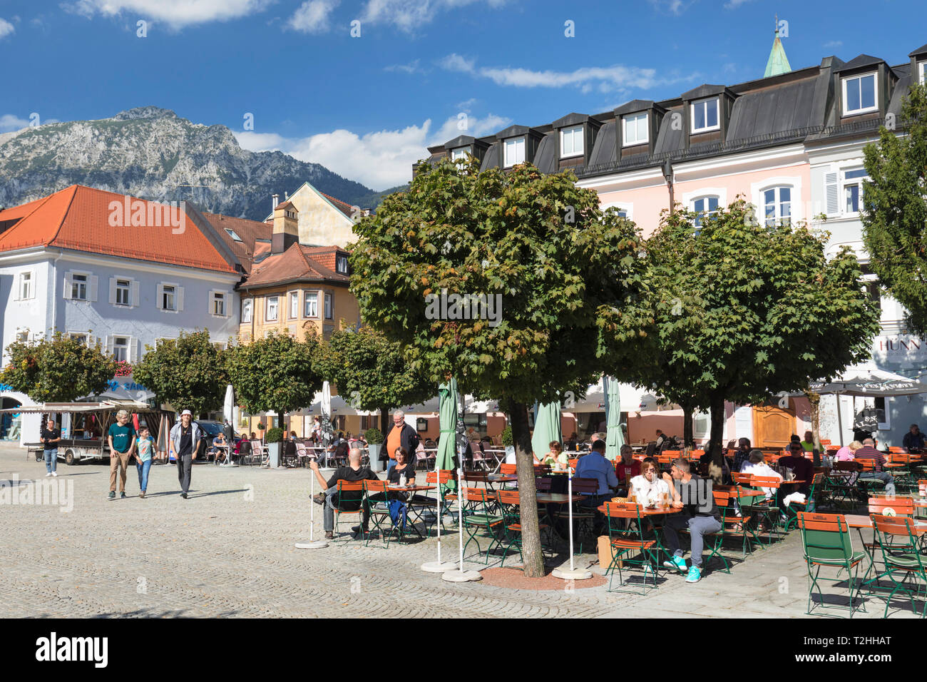 Street Cafes at market place, Bad Reichenhall, Upper Bavaria, Bavaria, Germany Stock Photo