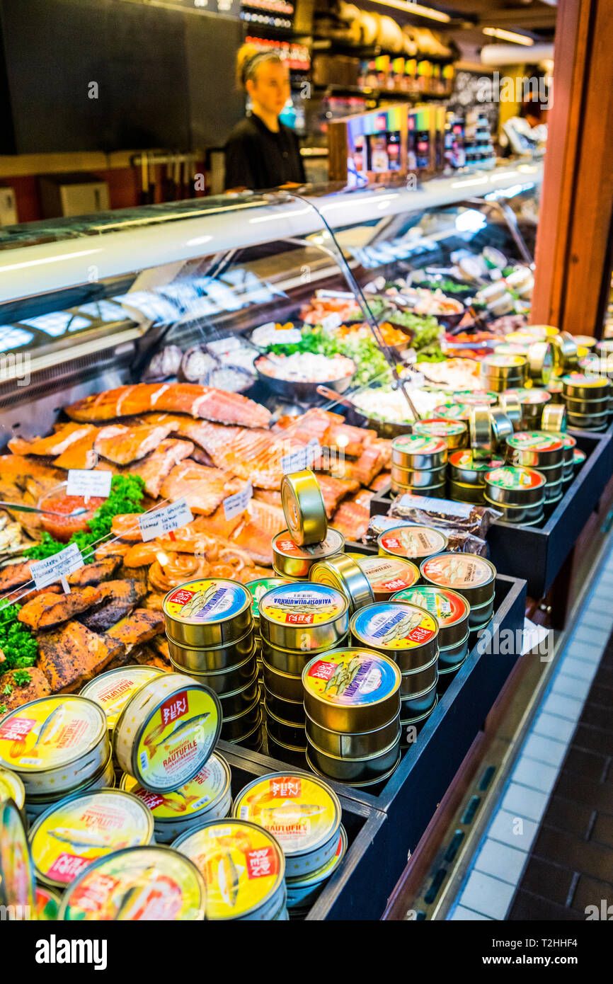 Canned and fresh seafood at Kauppahalli market in Helsinki, Uusimaa, Finland, Scandinavia, Europe Stock Photo