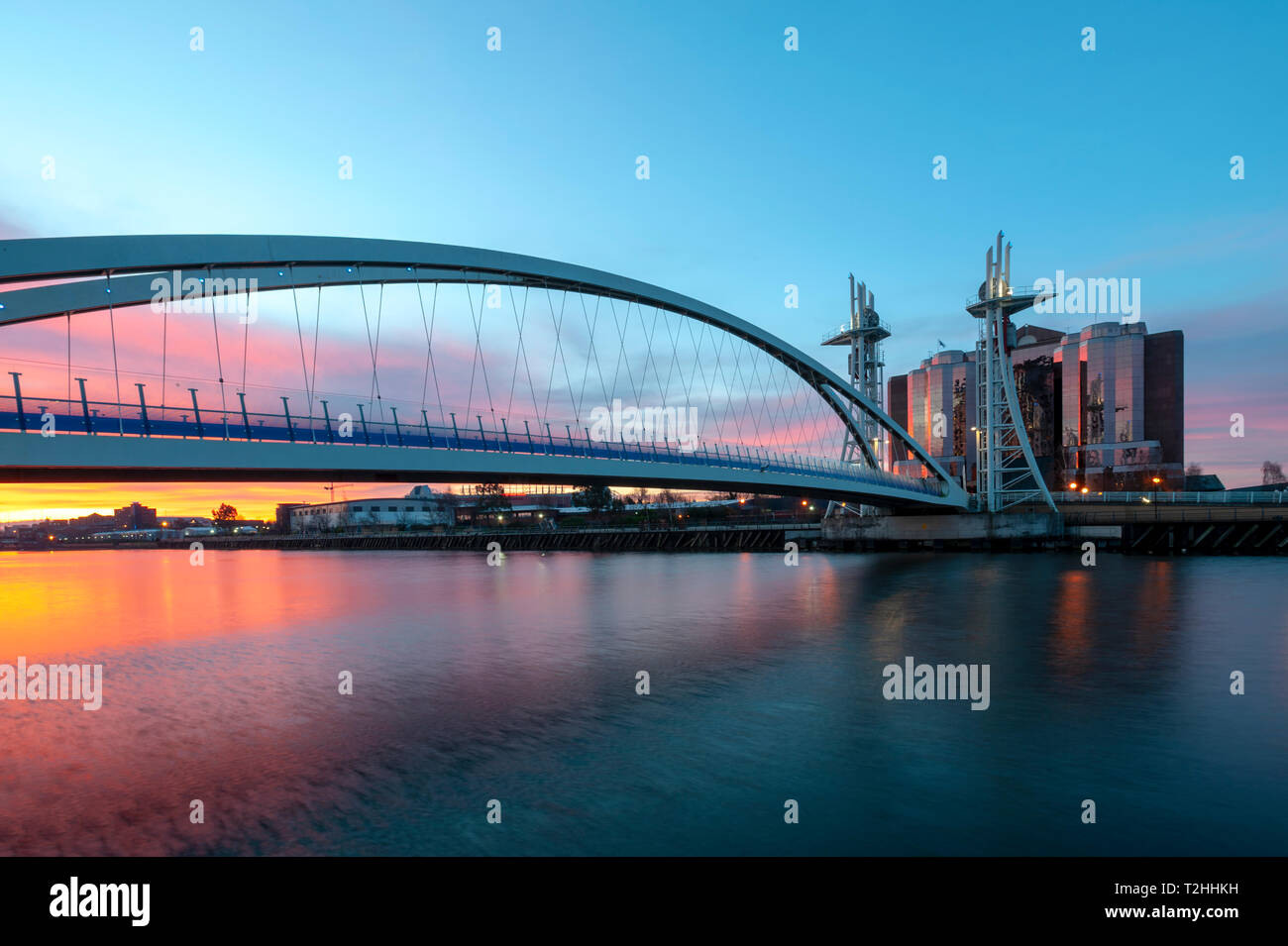 Salford Quays Lift Bridge at sunset in Manchester, England, United Kingdom, Europe Stock Photo