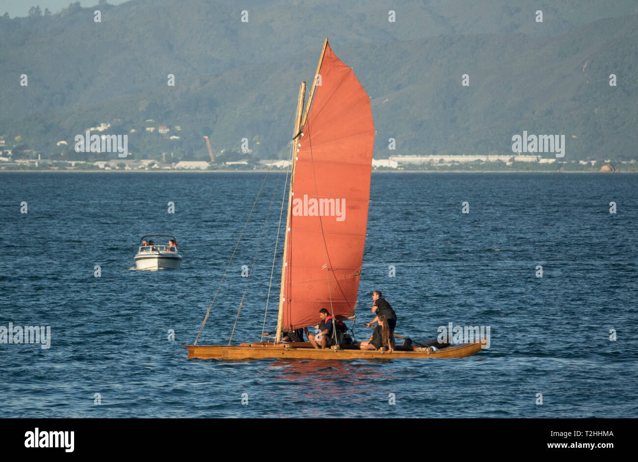 Maori Sailing Waka at 2018 Waka Odyssey, Wellington waterfront, New Zealand, Oceania Stock Photo