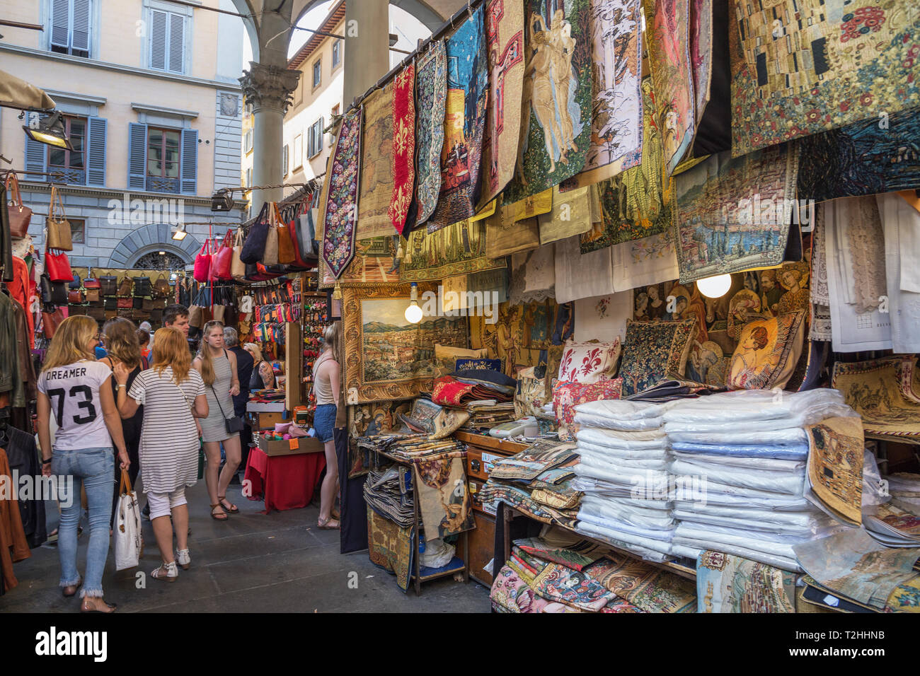 Customers shopping at Mercato Nuovo in Florence, Tuscany, Italy, Europe Stock Photo