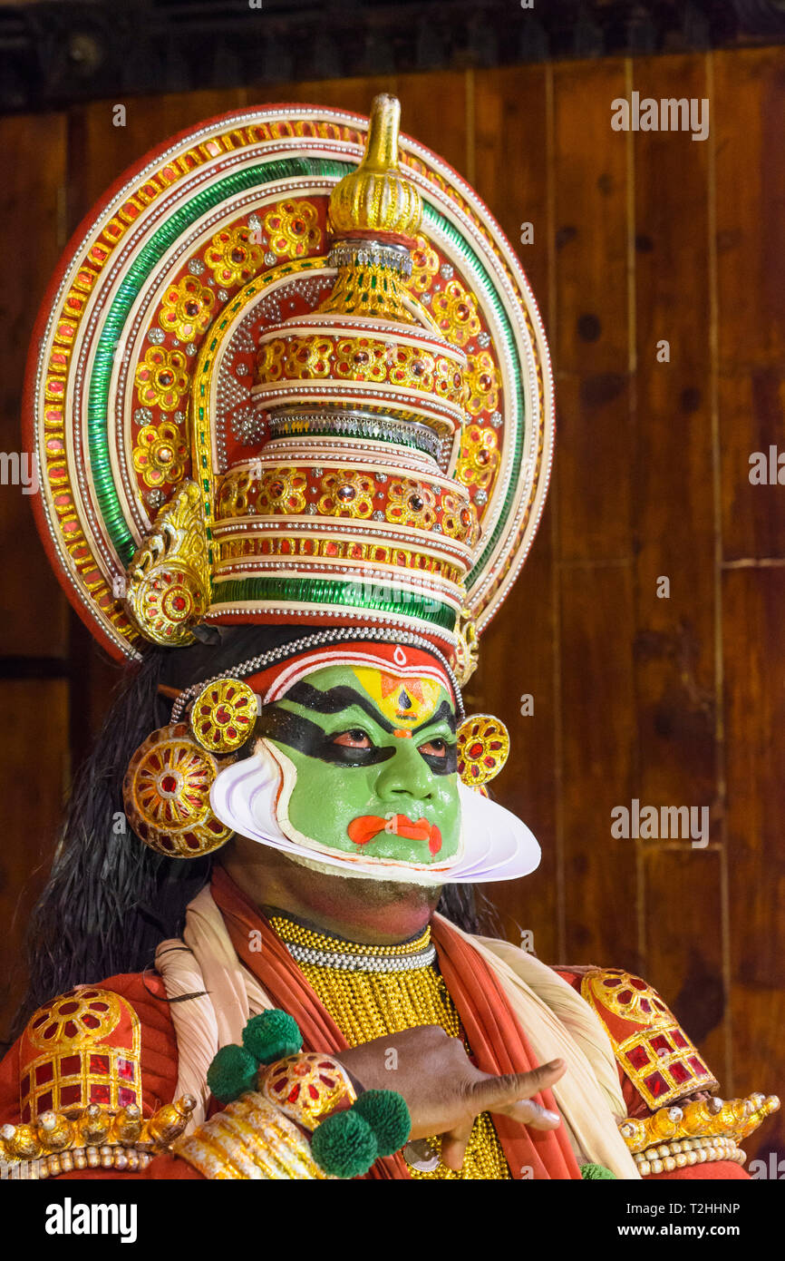 Man in traditional costume during Kerala Kathakali performance in Kochi