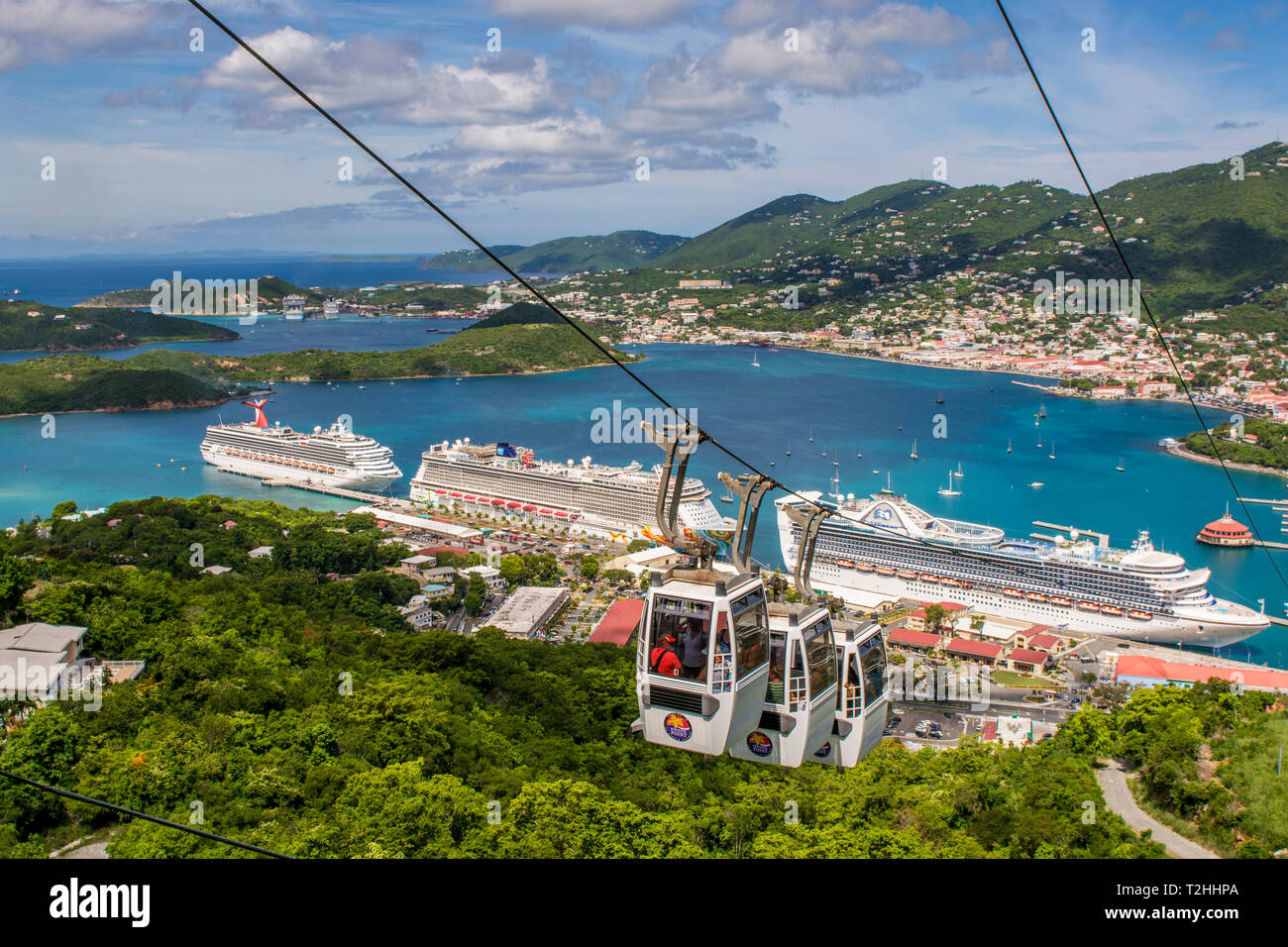 Cable Cars above cruise terminal in Charlotte Amalie, St. Thomas, US Virgin Islands, Caribbean Stock Photo