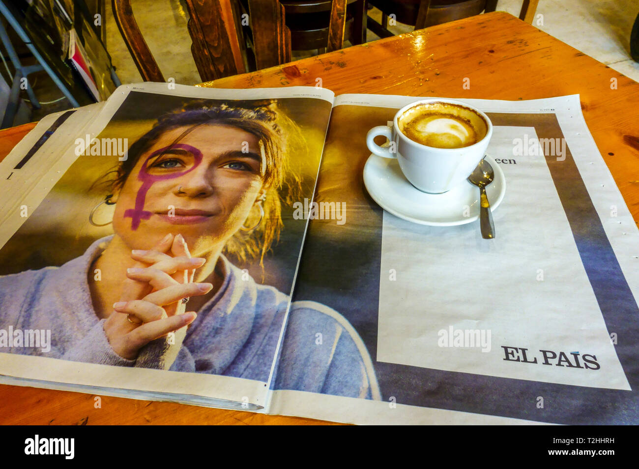 Spanish coffee - cafe con leche and  Spanish diary, newspaper El Pais in bar, Spain lifestyle Stock Photo