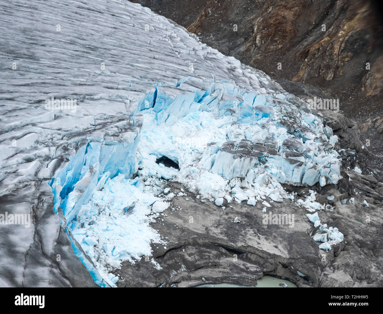 Aerial view of the Meade Glacier with calved ice in the Chilkat Range near Haines, Alaska, United States of America Stock Photo