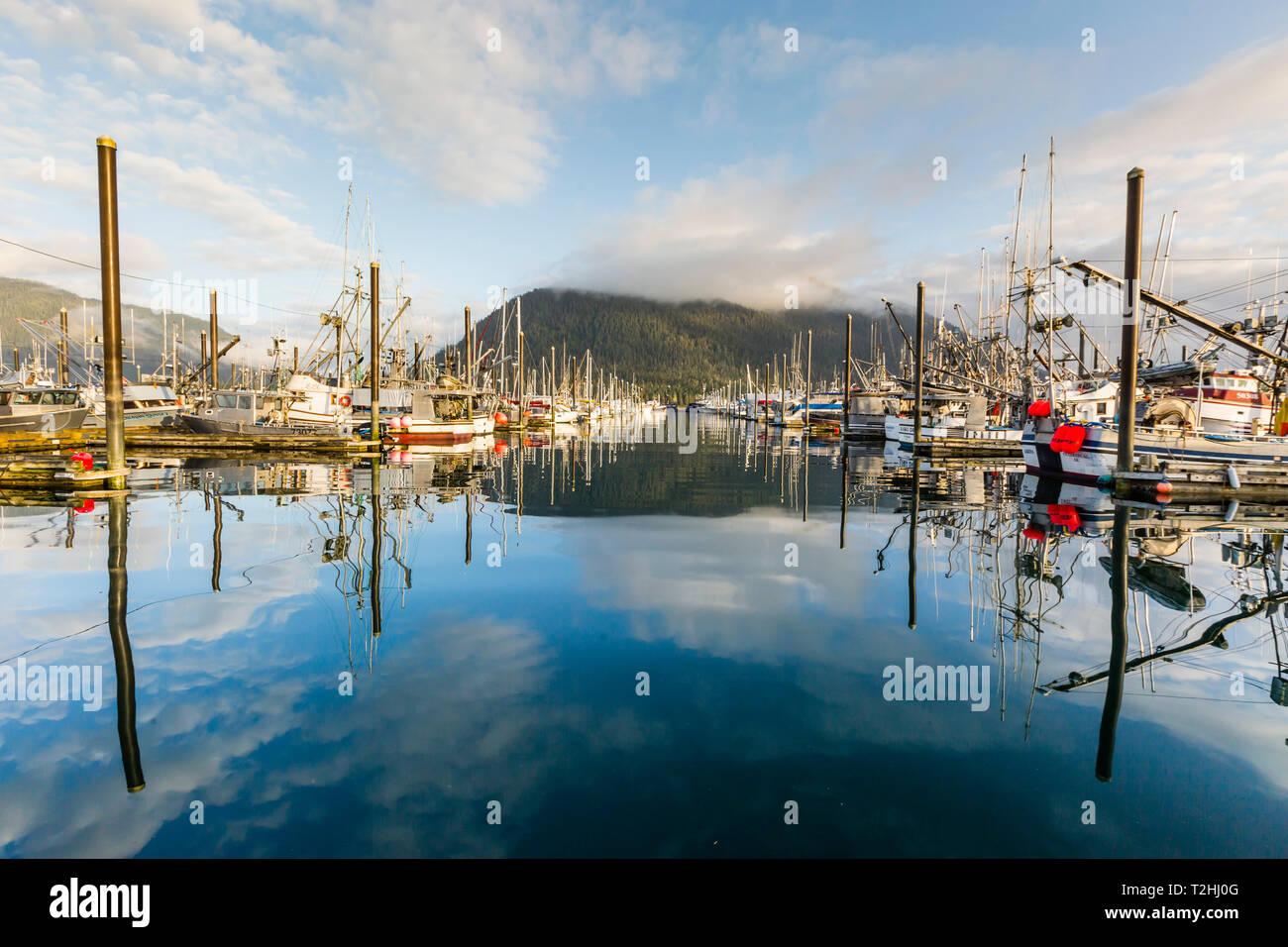 View of the commercial fishing fleet docked in the harbour at Petersburg, Southeast Alaska, United States of America Stock Photo