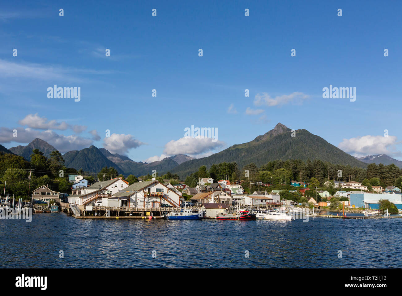A view of the commercial fishing docks and waterfront in Sitka, Baranof Island, Southeast Alaska, United States of America Stock Photo