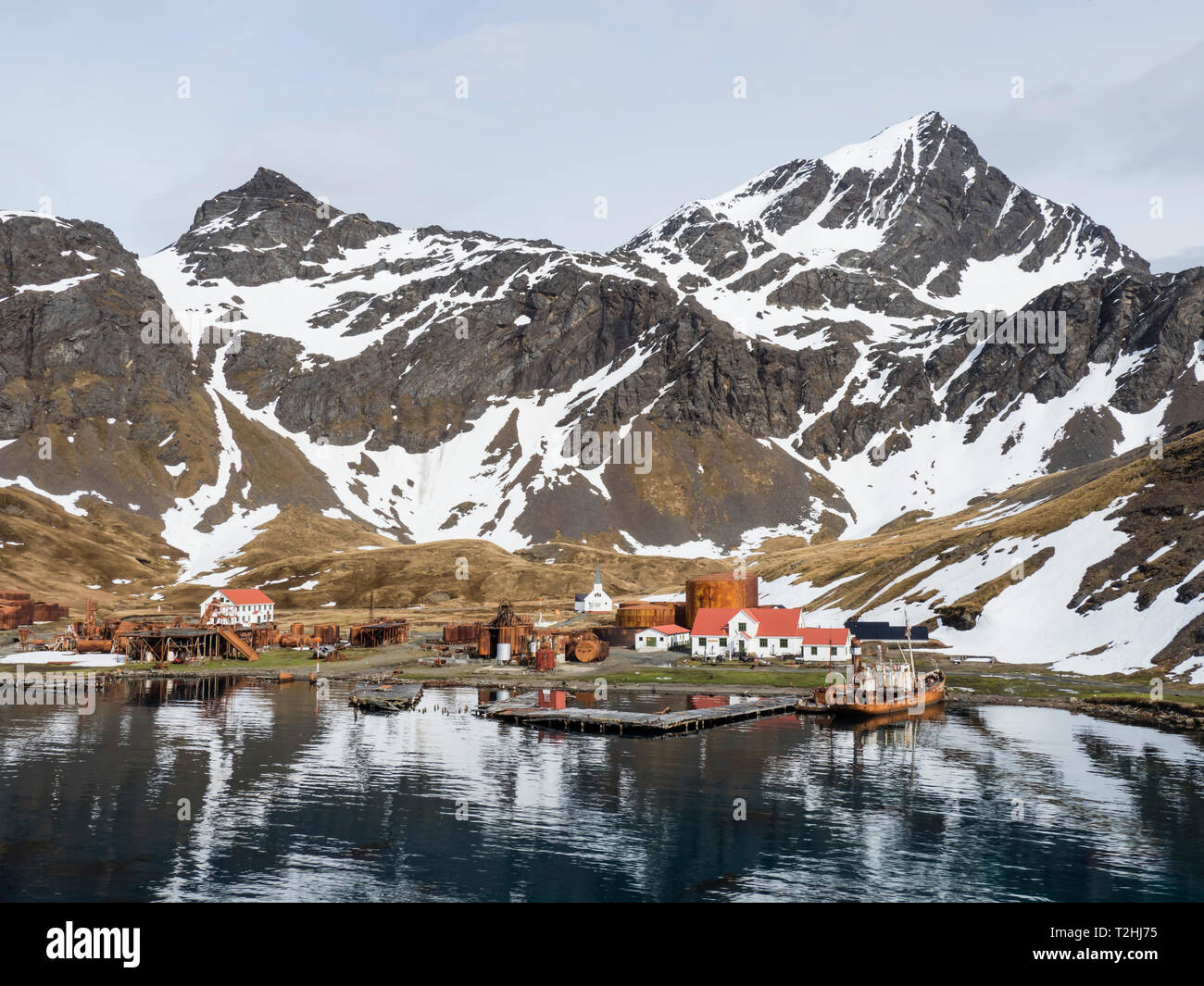 The abandoned whaling station at Grytviken, now cleaned and refurbished for tourism on South Georgia Island, Atlantic Ocean Stock Photo