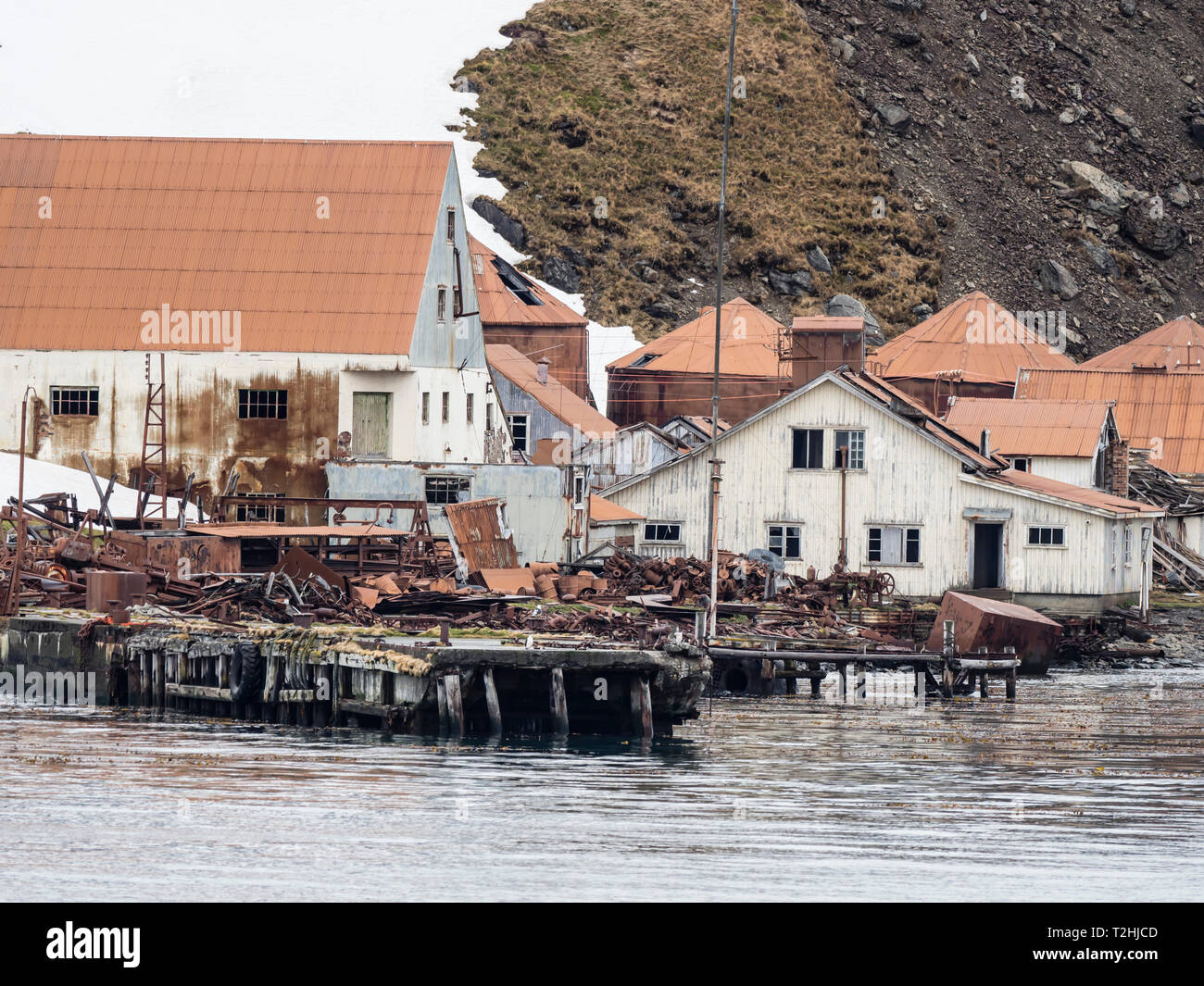The abandoned and dilapidated whaling station at Leith Harbour, Stromness Bay, South Georgia Island, Atlantic Ocean Stock Photo
