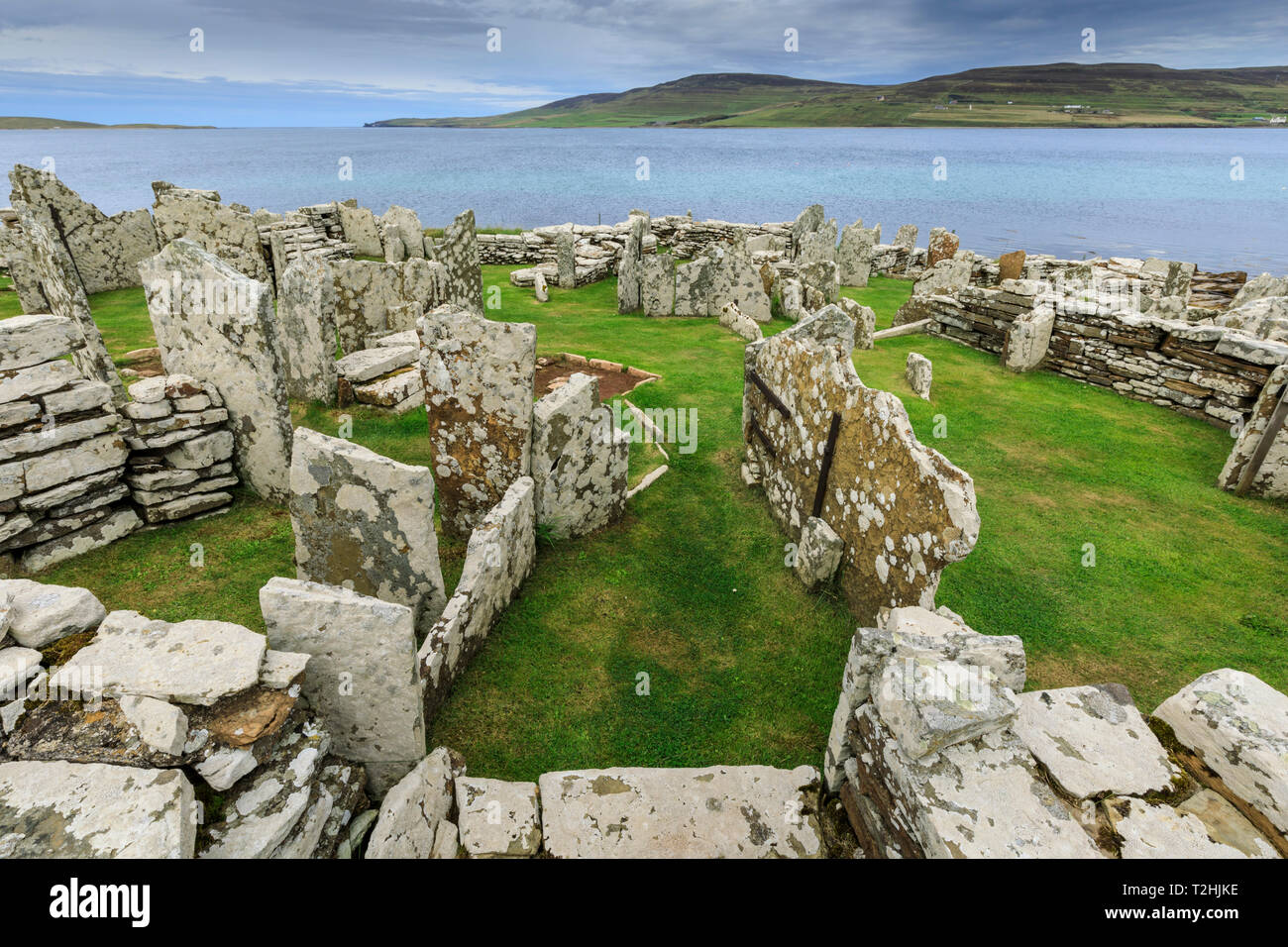 Broch of Gurness, view to Island of Rousay, Iron Age complex, prehistoric settlement, Eynhallow Sound, Orkney Islands, Scotland, United Kingdom Stock Photo