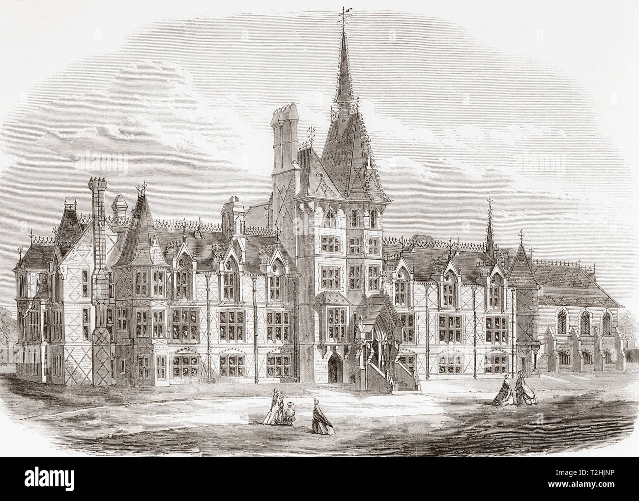 The French Protestant Hospital, (1718 - 1949), Victoria Park, London, England, seen here in its new location, 1865.  This hospital was established as an almshouse for the relief of poor, distressed Huguenots.  From The Illustrated London News, published 1865. Stock Photo