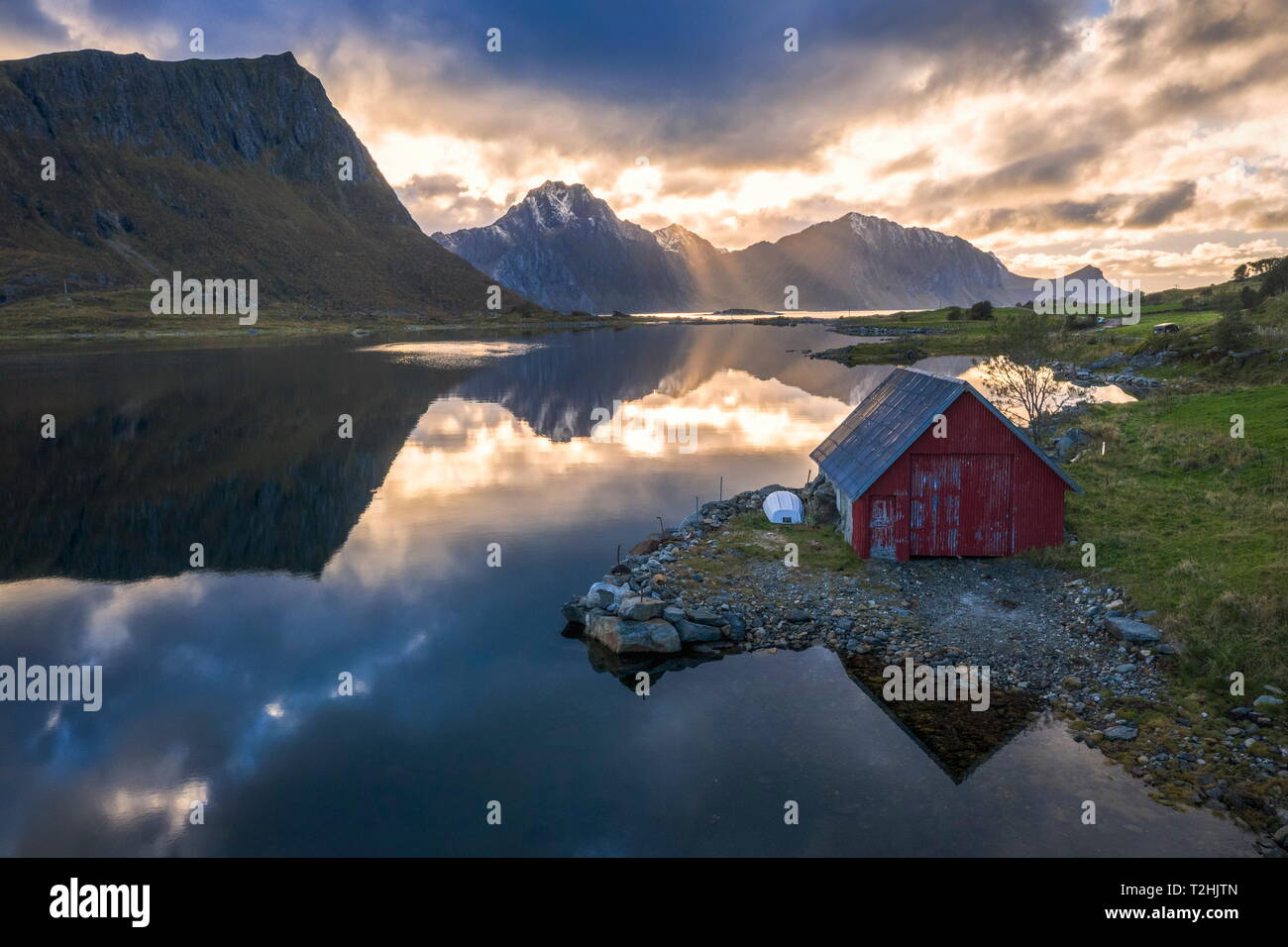 Traditional rorbu, Vagspollen, Leknes, Nordland, Lofoten Islands, Norway, Europe Stock Photo