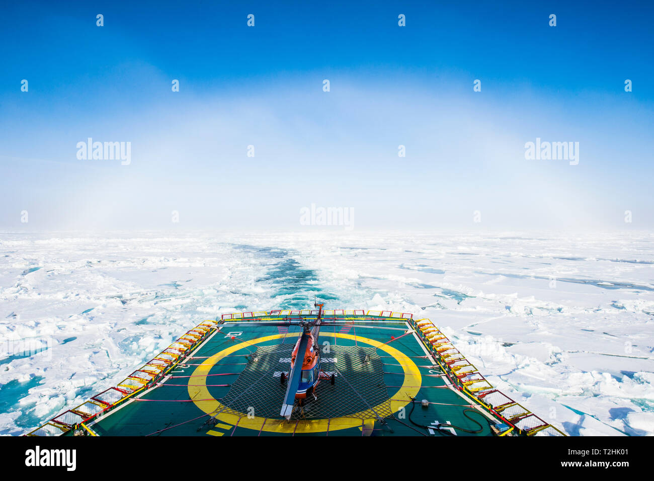 Fog bow or white rainbow in the ice around the North Pole, Arctic Stock Photo