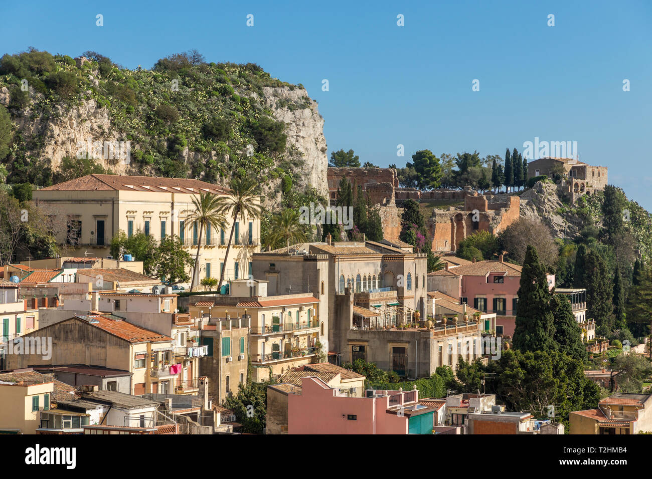 View over Taormina and the ancient Greek Theatre, Taormina, Sicily, Italy, Europe Stock Photo