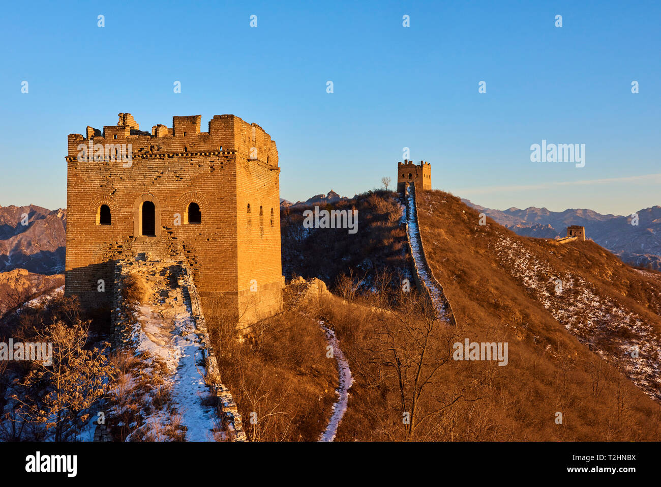 Sunlit towers of the Jinshanling and Simatai sections of the Great Wall of China, Unesco World Heritage Site, China, East Asia Stock Photo