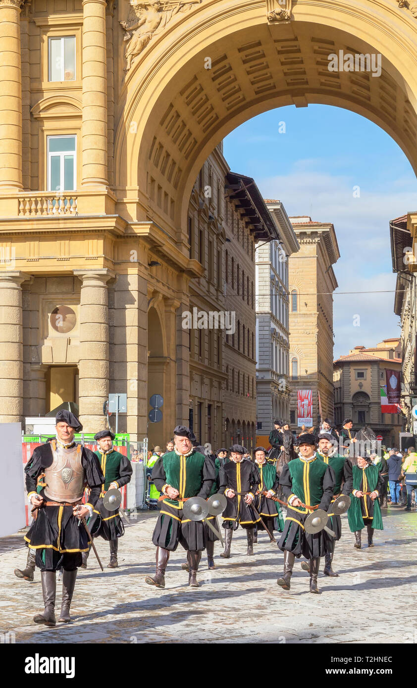 Participants in the Explosion of the Cart (Scoppio del Carro) festival marching through Florence in historical costumes, Florence, Tuscany, Italy Stock Photo
