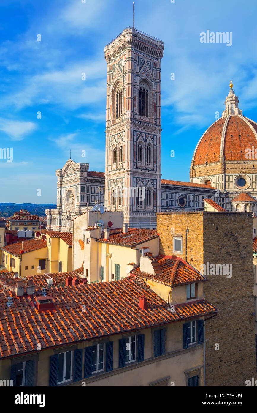 Roof top view of Unesco's Duomo Santa Maria del Fiore, Giotto's Campanile and Brunelleschi's dome, Florence, Tuscany, Italy, Europe Stock Photo