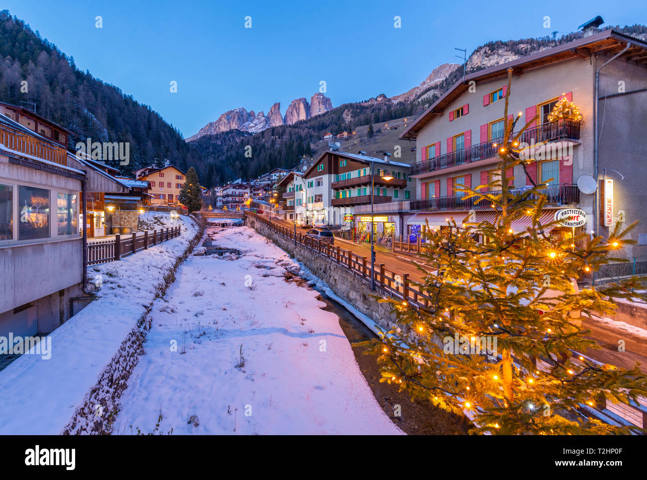 View of Campitello di Fassa at Christmas and Grohmannspitze, Punta Grohmann visible, Val di Fassa, Trentino, Italy, Europe Stock Photo