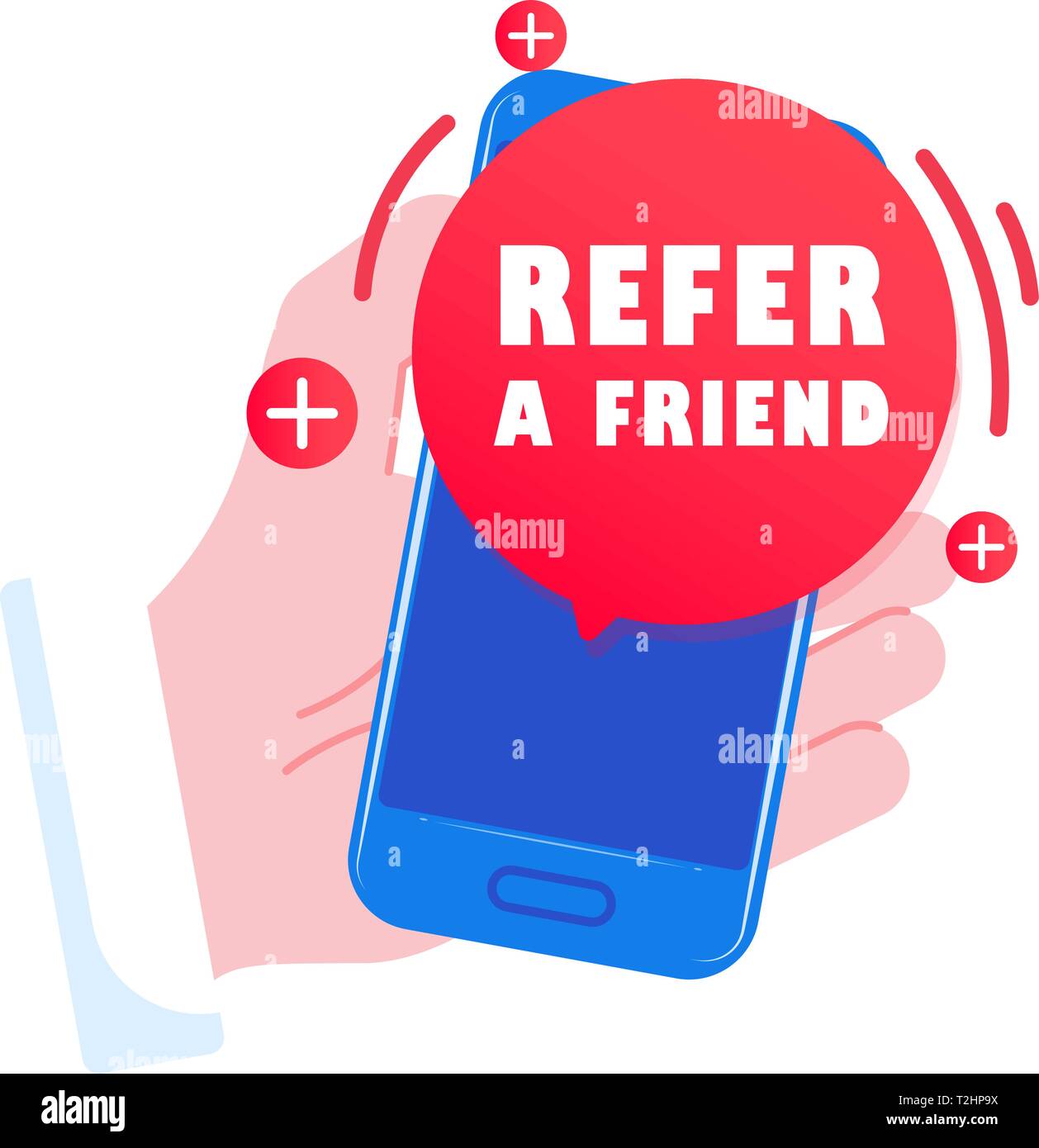 Smartphone in hand, message on the screen Refer a friend Stock Vector
