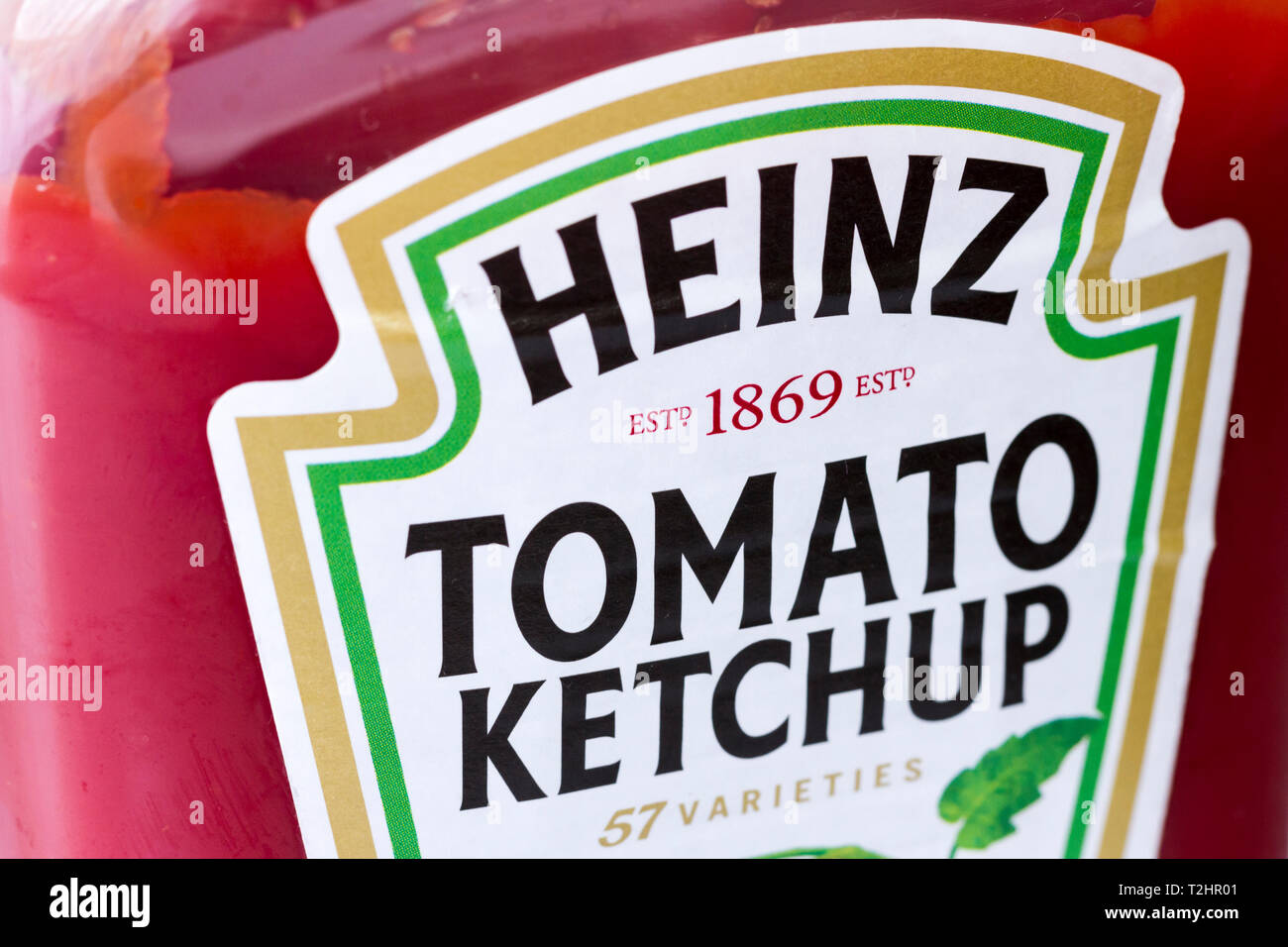 Heinz Tomato Ketchup, closeup of plastic bottle label Stock Photo