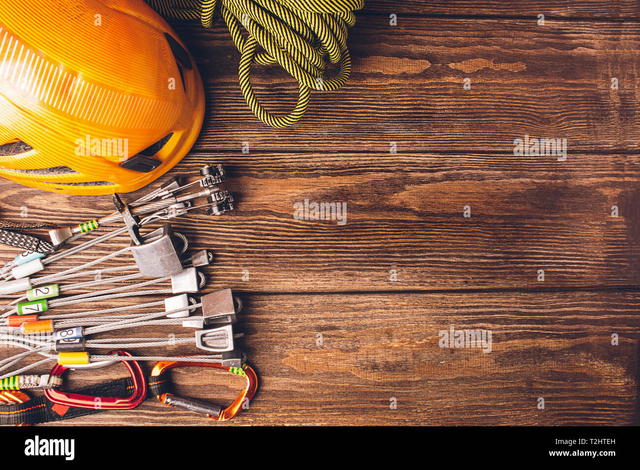 Equipment for highaltitude climbing helmet, sports rope, carbines on