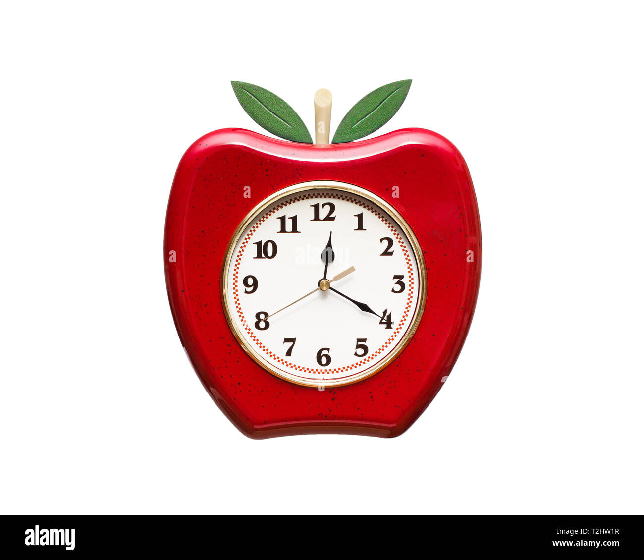 Cute red clock in shape of apple isolated on white Stock Photo