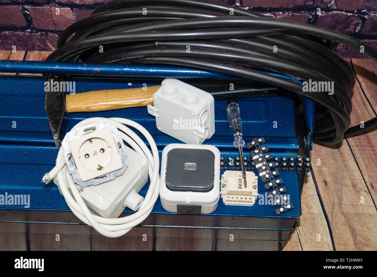 Toolbox with electronic material and equipment for installation Stock Photo