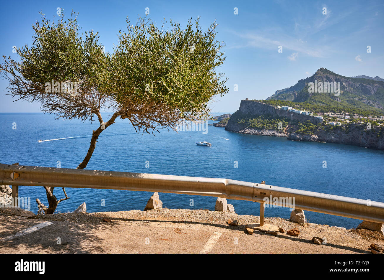 Parking with a scenic view of the Port de Soller headland, Mallorca, Spain. Stock Photo