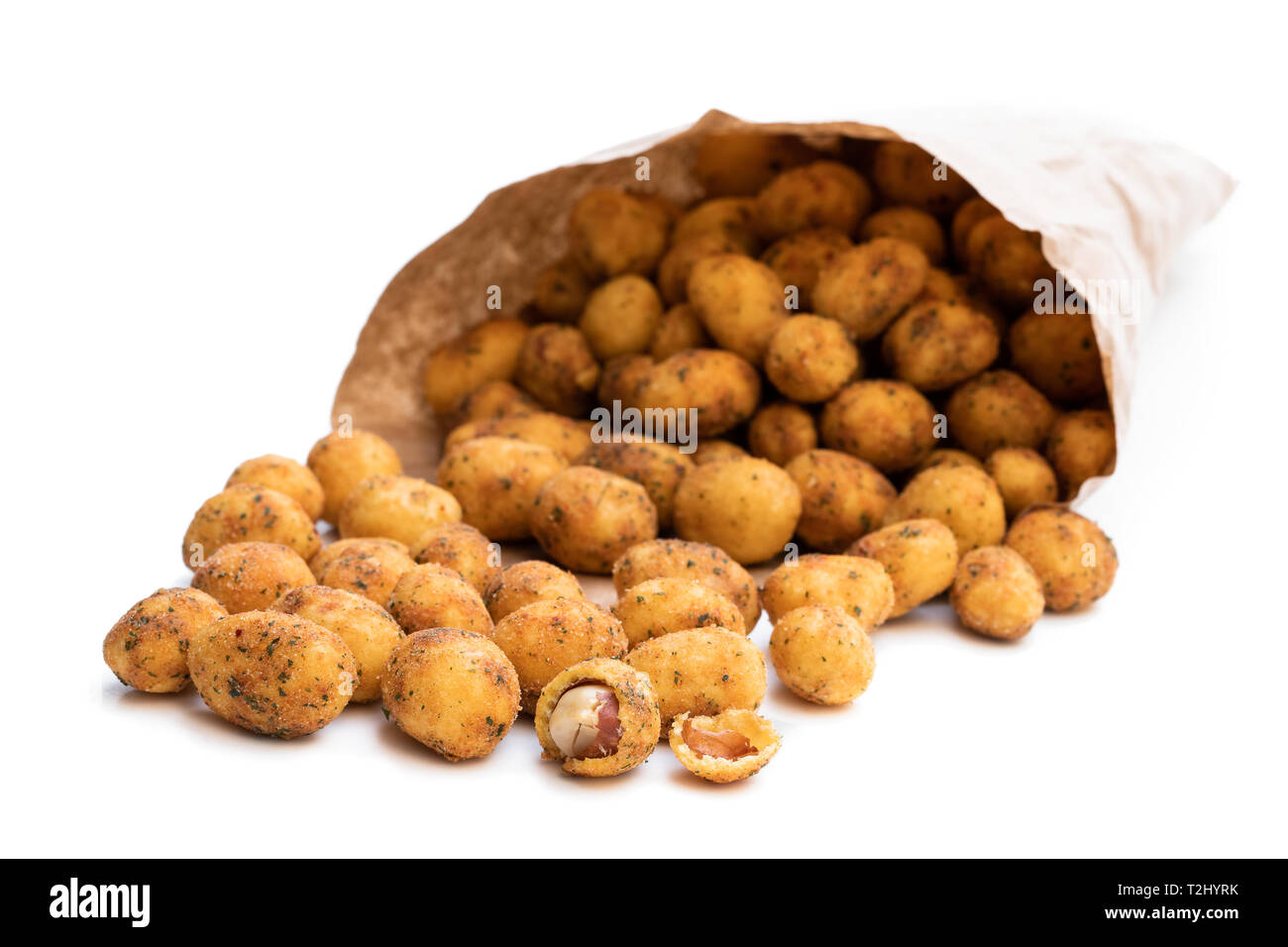 Crispy  chilli peanuts snacks paper bag isolated on white Stock Photo
