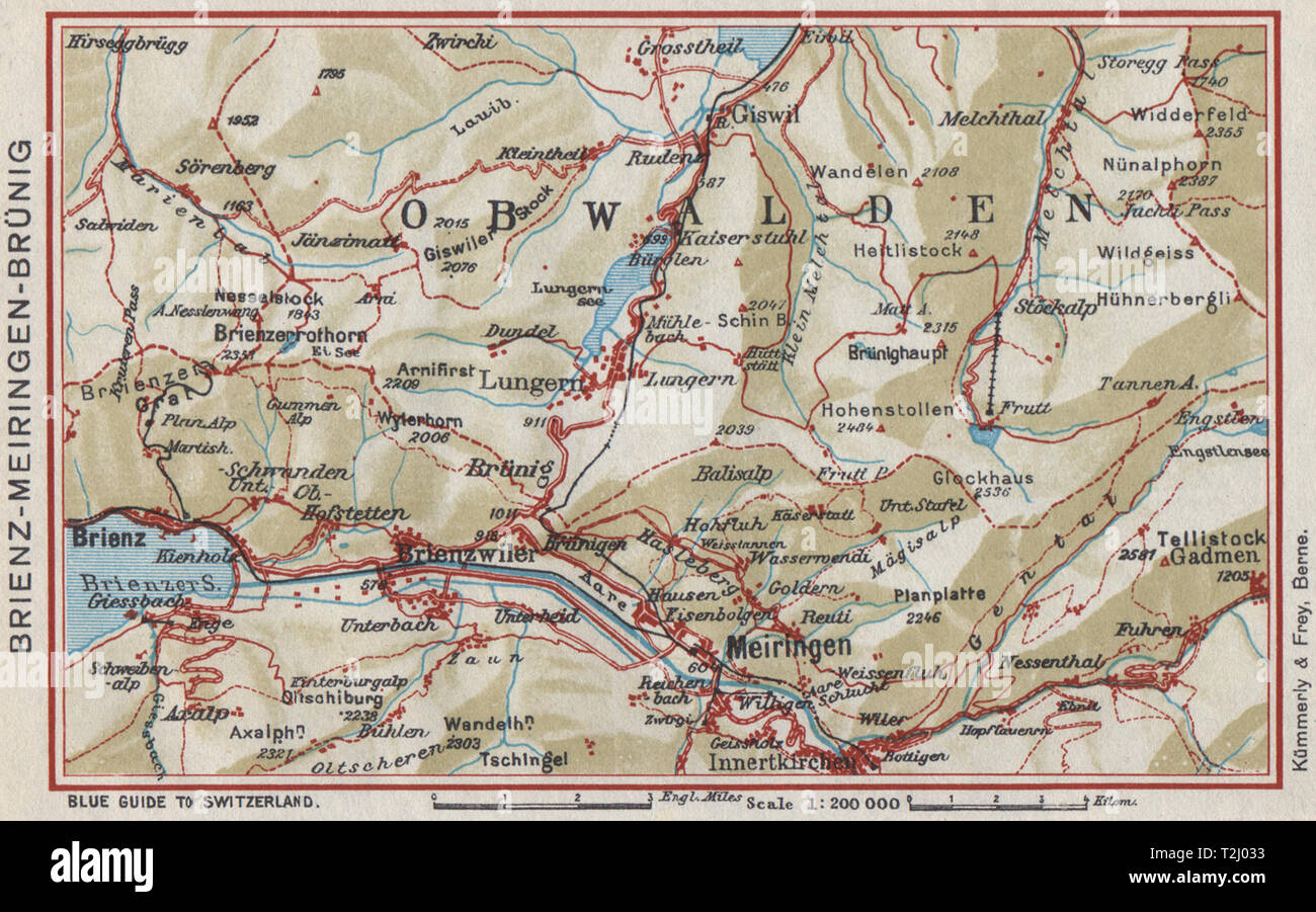 BRIENZ AXALP MEIRINGEN BRÜNIG. Lungern Bürglen. Vintage map. Switzerland 1948 Stock Photo