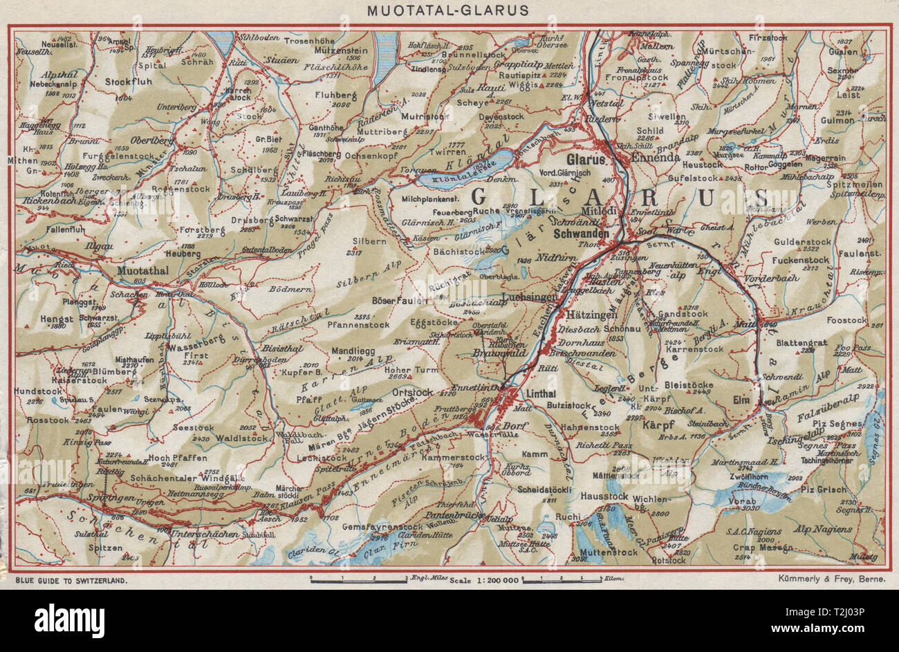 MUOTATAL-GLARUS. Elm Bruanwald Schwanden. Vintage map plan. Switzerland 1948 Stock Photo
