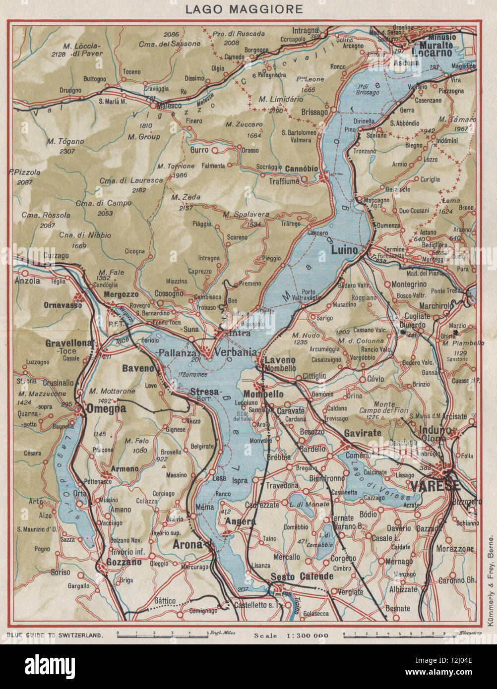 LAKE LAKE MAGGIORE. Varese Locarno Arona Omegna Luino. Vintage map. Italy 1948 Stock Photo