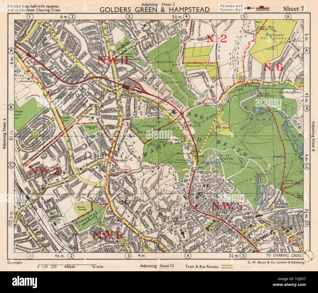 NW LONDON. Golders Green Hampstead Child's Hill Cricklewood. BACON 1948 map Stock Photo