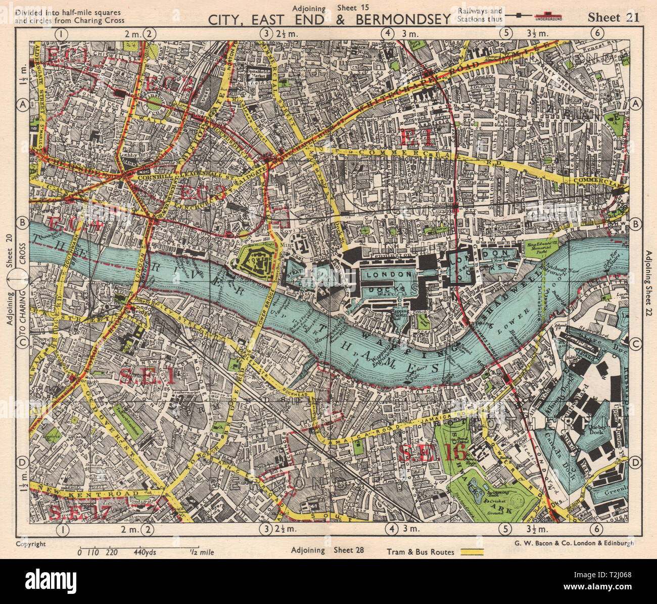 LONDON. City East End Bermondsey Stepney Rotherhithe Whitechapel.BACON 1948 map Stock Photo