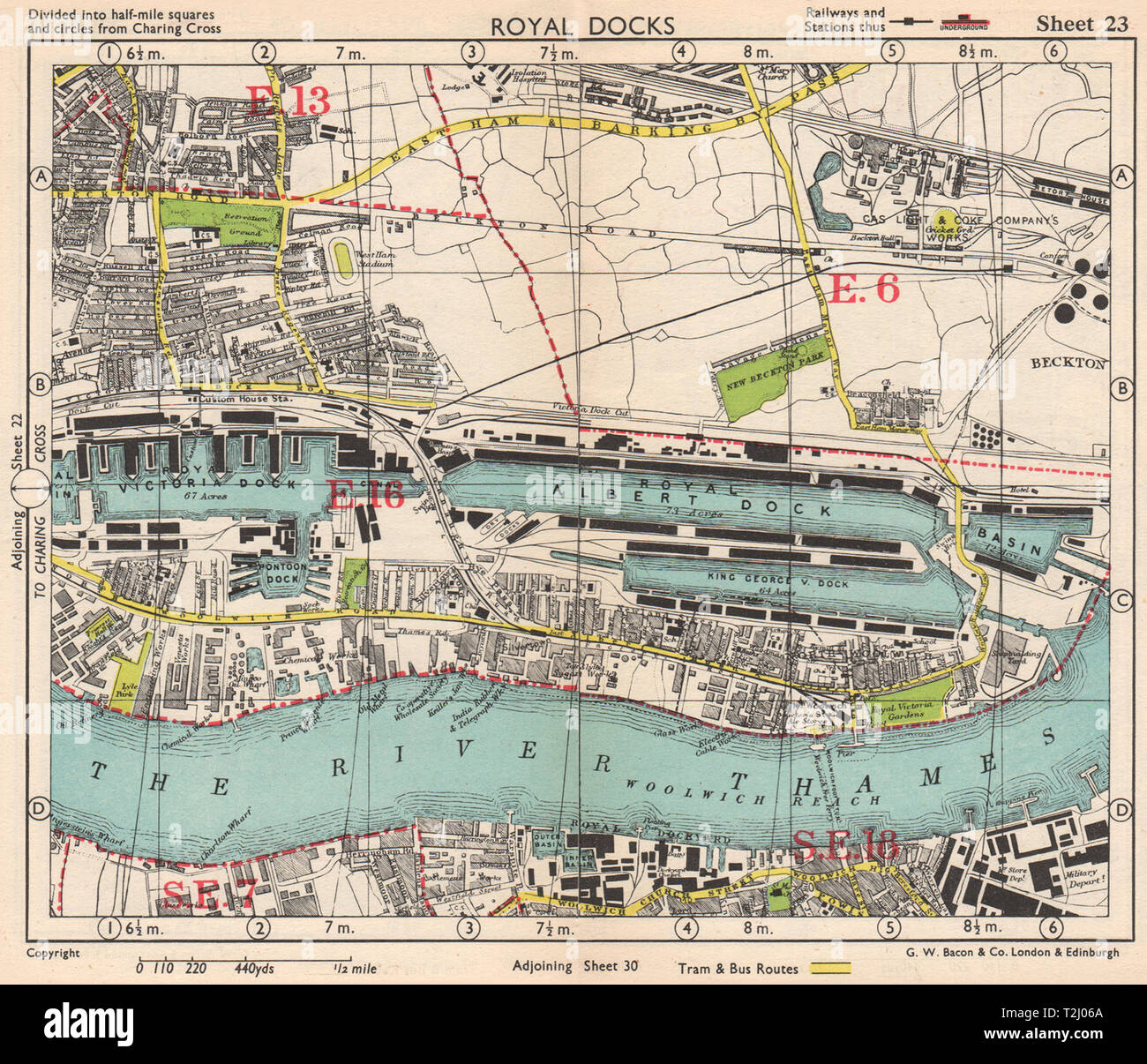 E LONDON Royal Victoria/Albert Docks Beckton Woolwich Silvertown.BACON 1948 map Stock Photo
